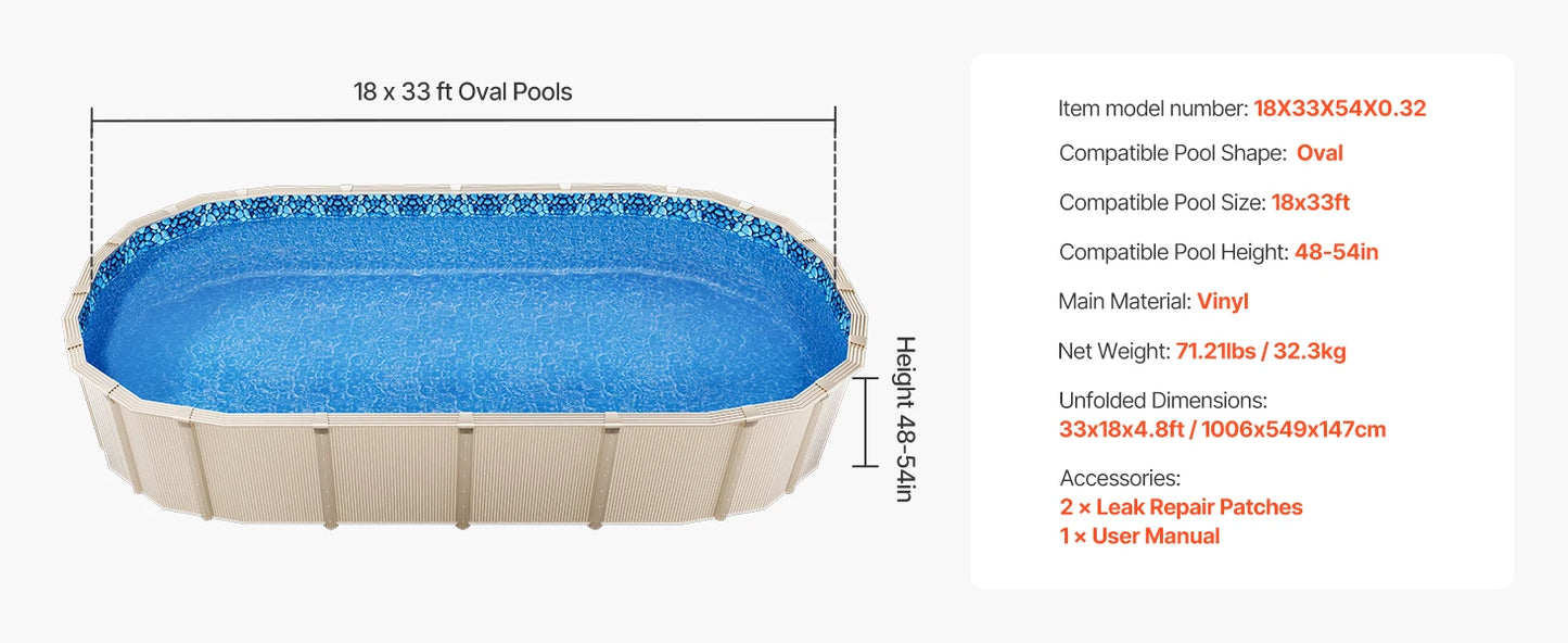 SucceBuy 18-Foot-by-33-Foot Oval Pool Liner for Overlap Above Ground Swimming Pools 48-to-54in Wall Height Standard Gauge Vinyl