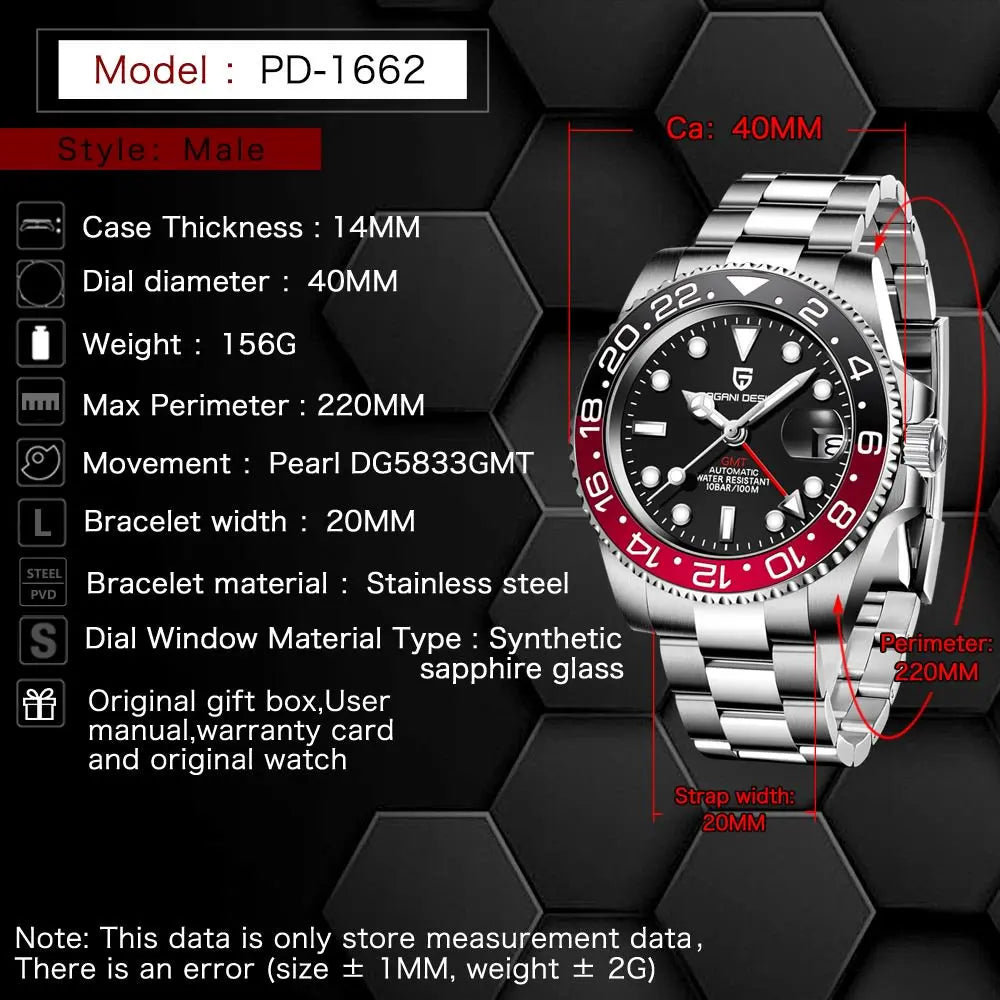 PAGANI DESIGN Business Mechanical Automatic Watch Men's Stainless Steel Waterproof Rotating Ceramic bezel PD-1662 Gift Watch+Box