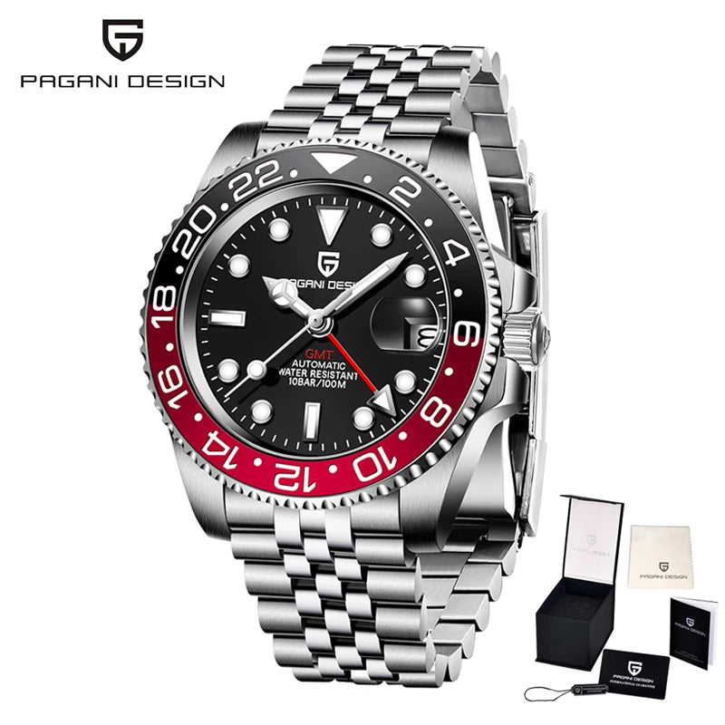 PAGANI DESIGN Business Mechanical Automatic Watch Men's Stainless Steel Waterproof Rotating Ceramic bezel PD-1662 Gift Watch+Box