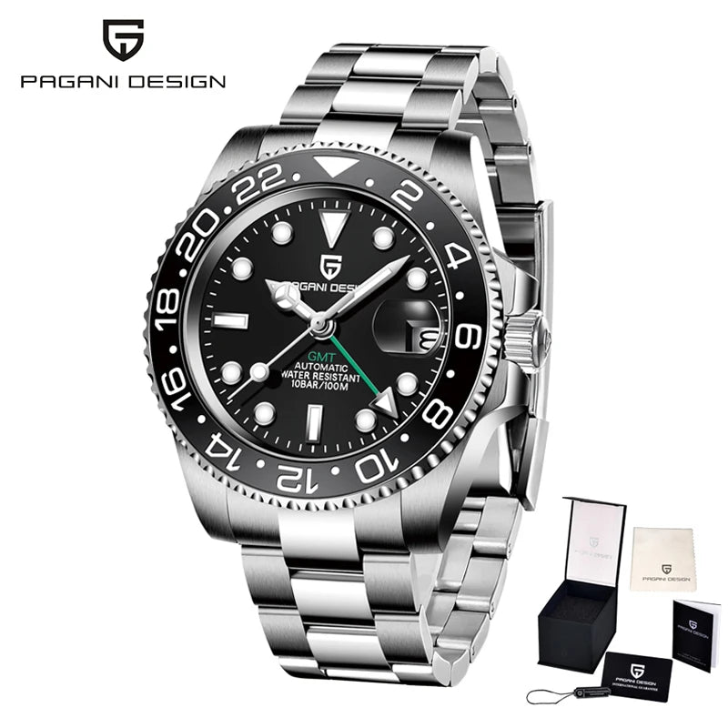 PAGANI DESIGN Business Mechanical Automatic Watch Men's Stainless Steel Waterproof Rotating Ceramic bezel PD-1662 Gift Watch+Box