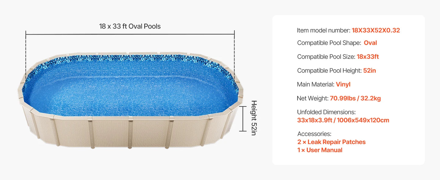 SucceBuy 18-Foot-by-33-Foot Oval Pool Liner for Overlap Above Ground Swimming Pools 48-to-54in Wall Height Standard Gauge Vinyl