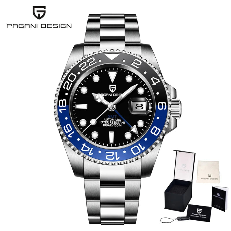 PAGANI DESIGN Business Mechanical Automatic Watch Men's Stainless Steel Waterproof Rotating Ceramic bezel PD-1662 Gift Watch+Box