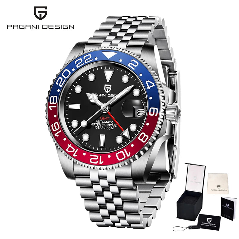 PAGANI DESIGN Business Mechanical Automatic Watch Men's Stainless Steel Waterproof Rotating Ceramic bezel PD-1662 Gift Watch+Box