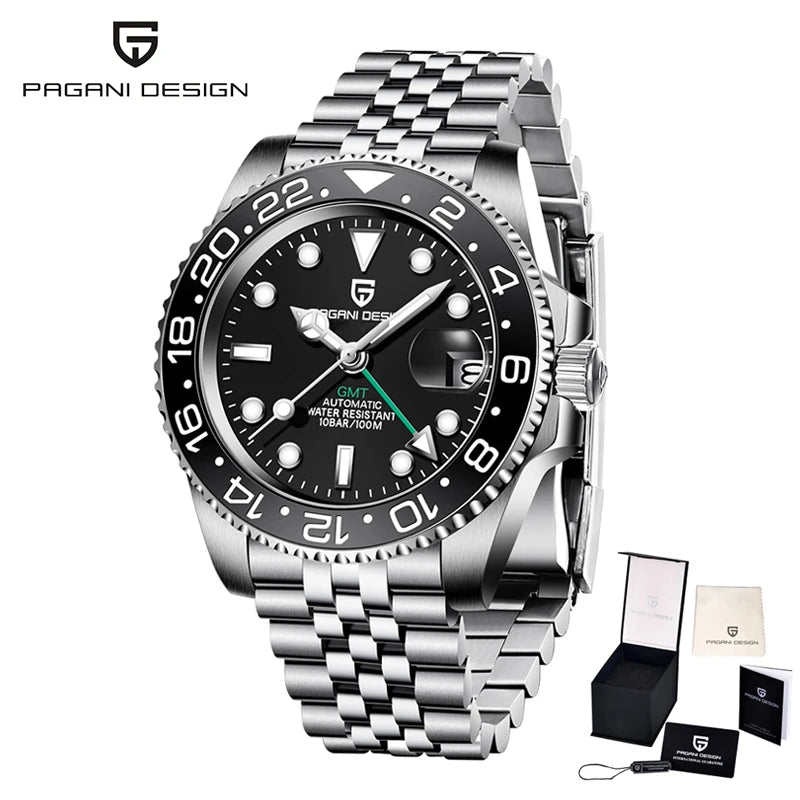 PAGANI DESIGN Business Mechanical Automatic Watch Men's Stainless Steel Waterproof Rotating Ceramic bezel PD-1662 Gift Watch+Box