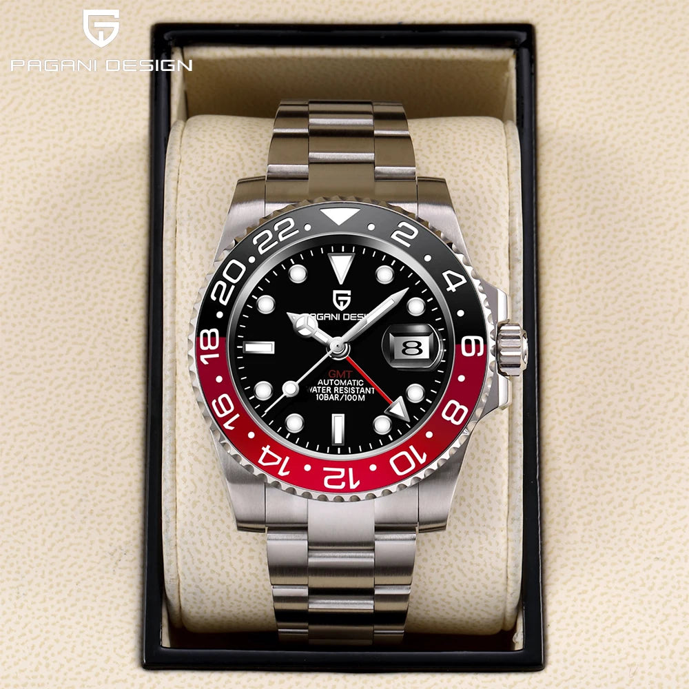 PAGANI DESIGN Business Mechanical Automatic Watch Men's Stainless Steel Waterproof Rotating Ceramic bezel PD-1662 Gift Watch+Box