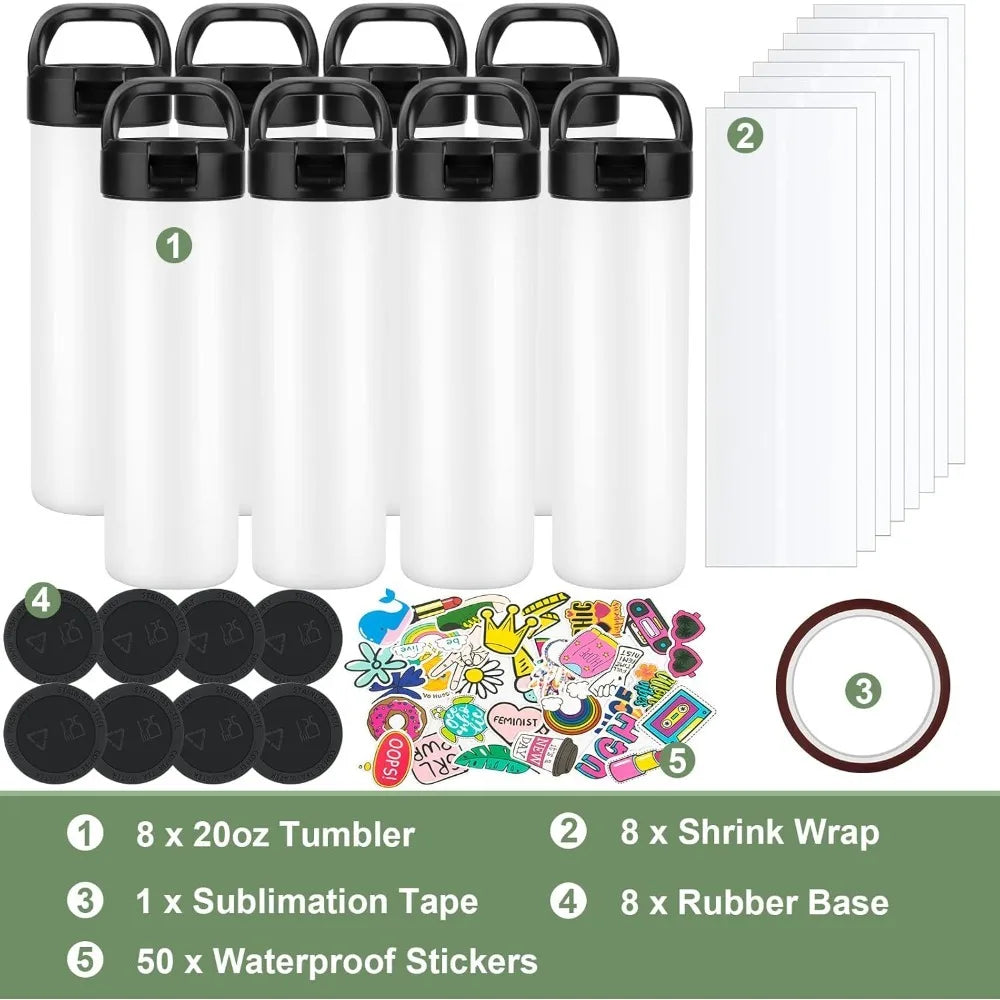 8 Pack 20oz Sublimation Tumbler Set Triple-Insulated Stainless Steel Sports Water Bottle with Straw Lid Blank - HOME