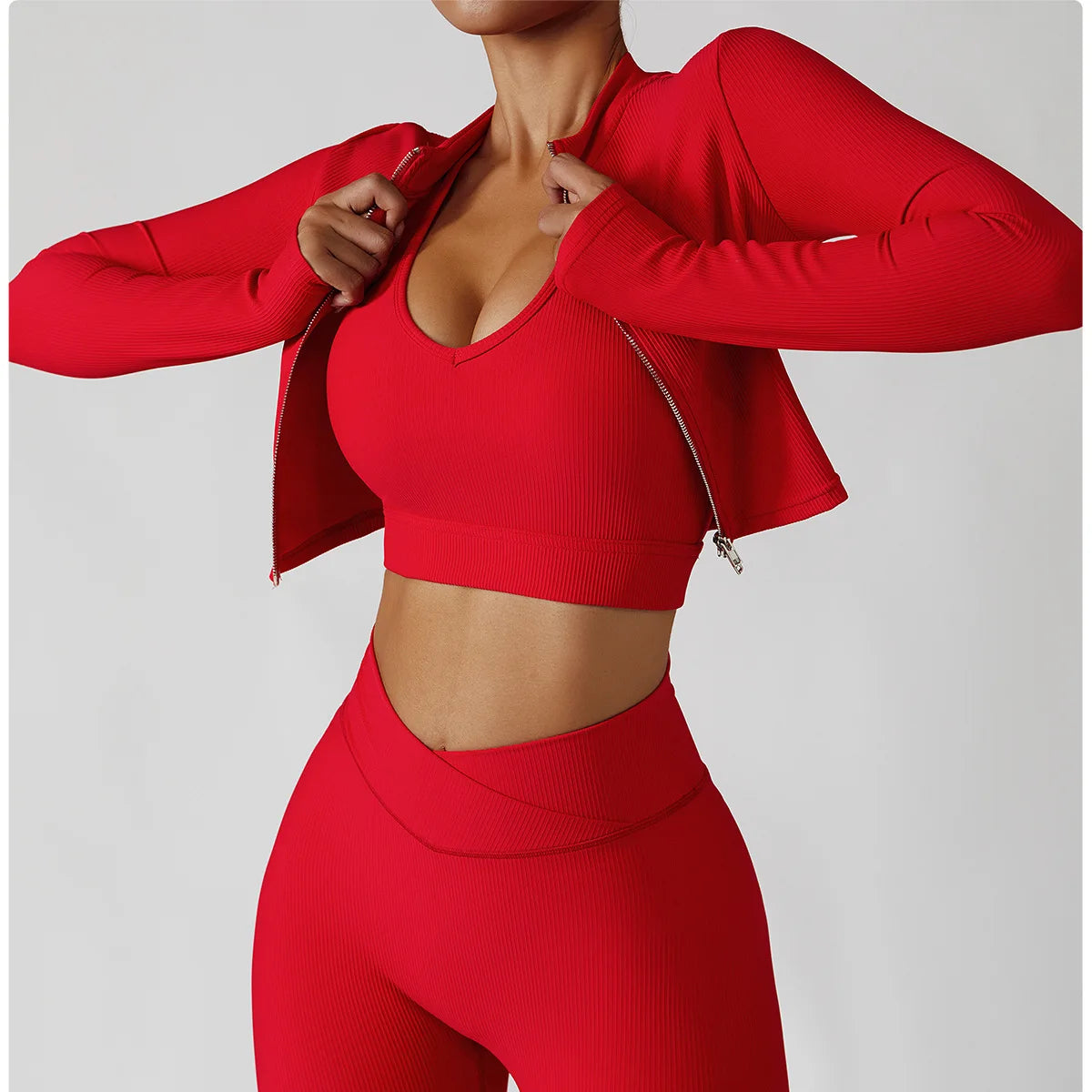 Women's 3-Piece Tracksuit Set – Jacket + Sports Bra + Leggings – Push Up Gym Workout Activewear for Training, Yoga & Fitness