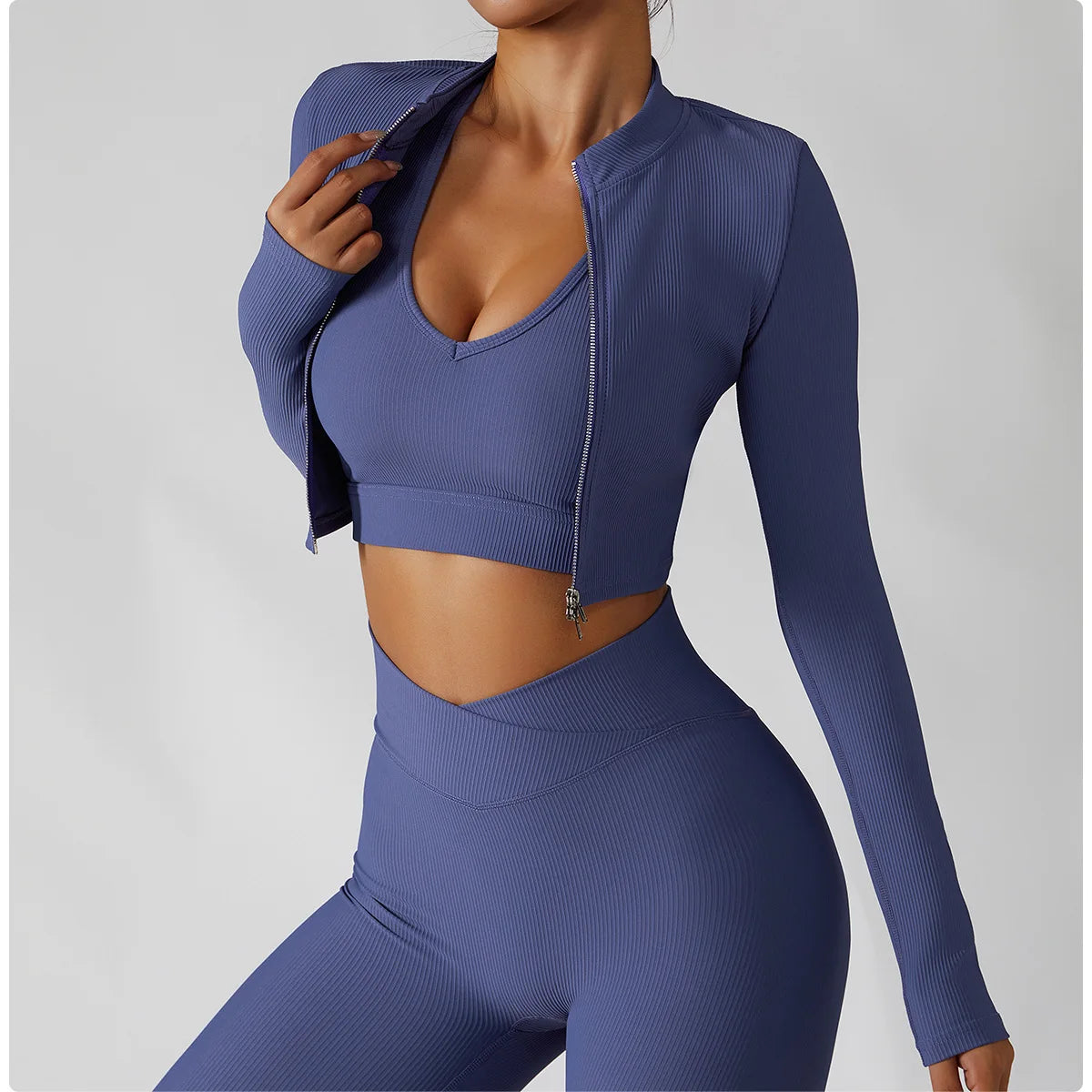 Women's 3-Piece Tracksuit Set – Jacket + Sports Bra + Leggings – Push Up Gym Workout Activewear for Training, Yoga & Fitness