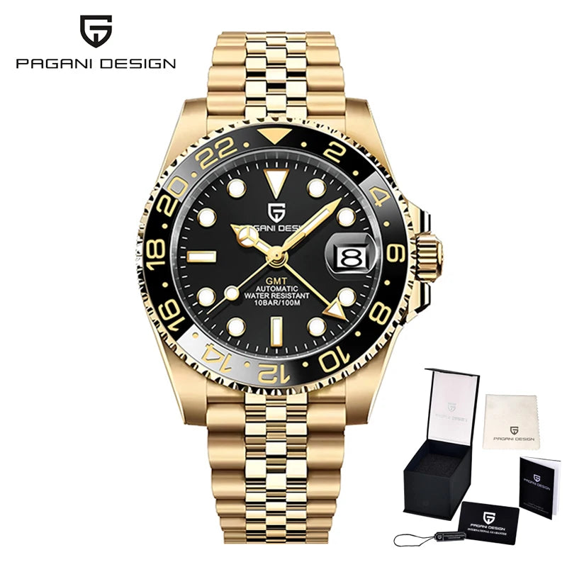 PAGANI DESIGN Business Mechanical Automatic Watch Men's Stainless Steel Waterproof Rotating Ceramic bezel PD-1662 Gift Watch+Box