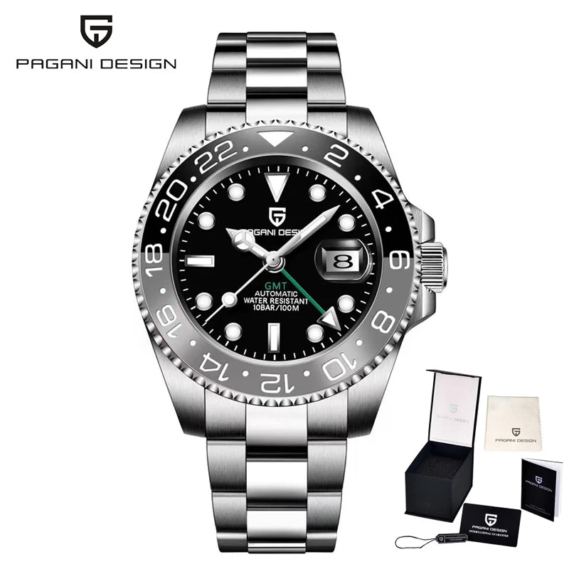 PAGANI DESIGN Business Mechanical Automatic Watch Men's Stainless Steel Waterproof Rotating Ceramic bezel PD-1662 Gift Watch+Box