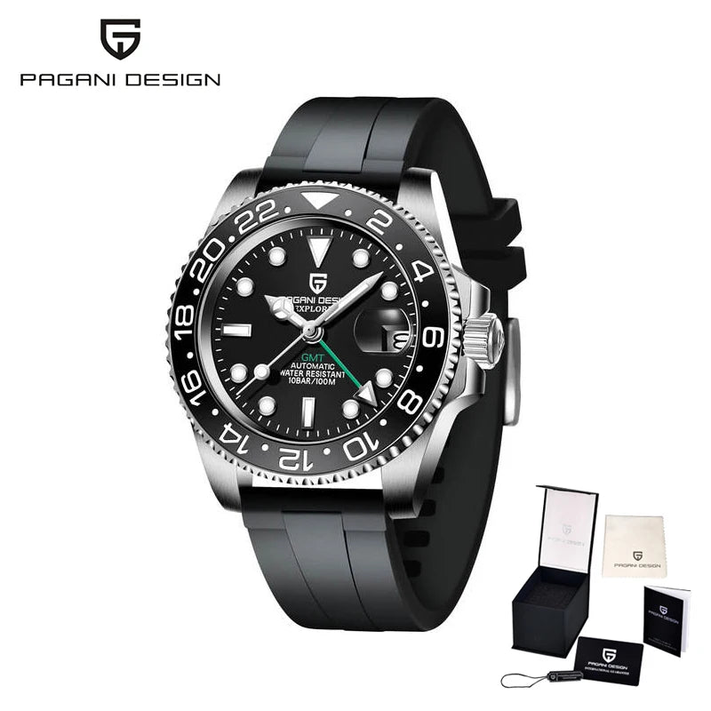 PAGANI DESIGN Business Mechanical Automatic Watch Men's Stainless Steel Waterproof Rotating Ceramic bezel PD-1662 Gift Watch+Box