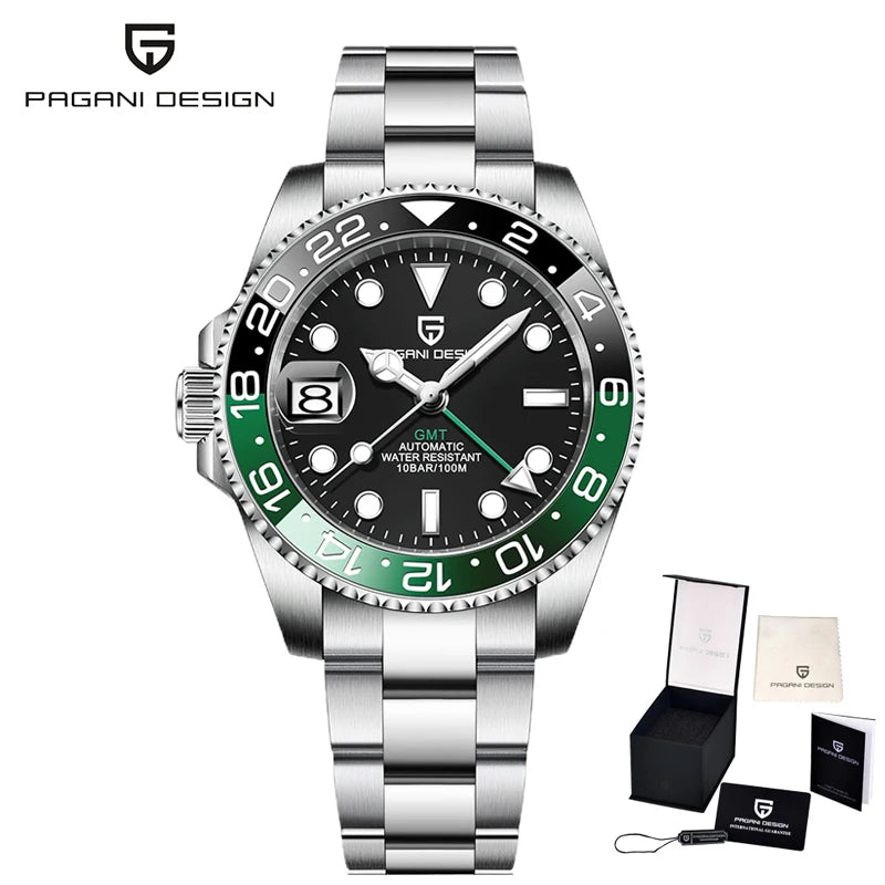 PAGANI DESIGN Business Mechanical Automatic Watch Men's Stainless Steel Waterproof Rotating Ceramic bezel PD-1662 Gift Watch+Box