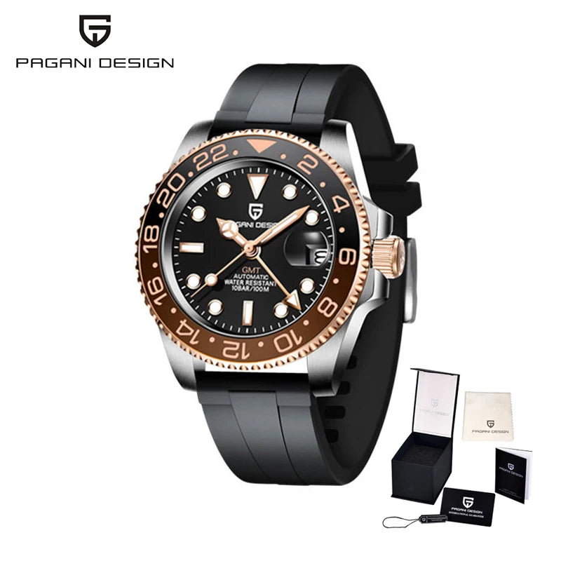 PAGANI DESIGN Business Mechanical Automatic Watch Men's Stainless Steel Waterproof Rotating Ceramic bezel PD-1662 Gift Watch+Box