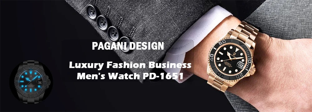 PAGANI DESIGN Business Mechanical Automatic Watch Men's Stainless Steel Waterproof Rotating Ceramic bezel PD-1662 Gift Watch+Box