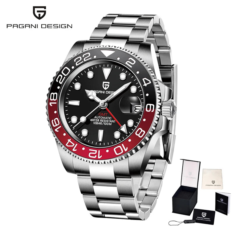 PAGANI DESIGN Business Mechanical Automatic Watch Men's Stainless Steel Waterproof Rotating Ceramic bezel PD-1662 Gift Watch+Box
