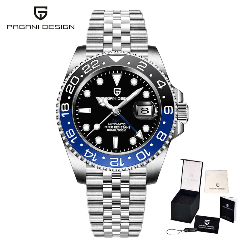 PAGANI DESIGN Business Mechanical Automatic Watch Men's Stainless Steel Waterproof Rotating Ceramic bezel PD-1662 Gift Watch+Box