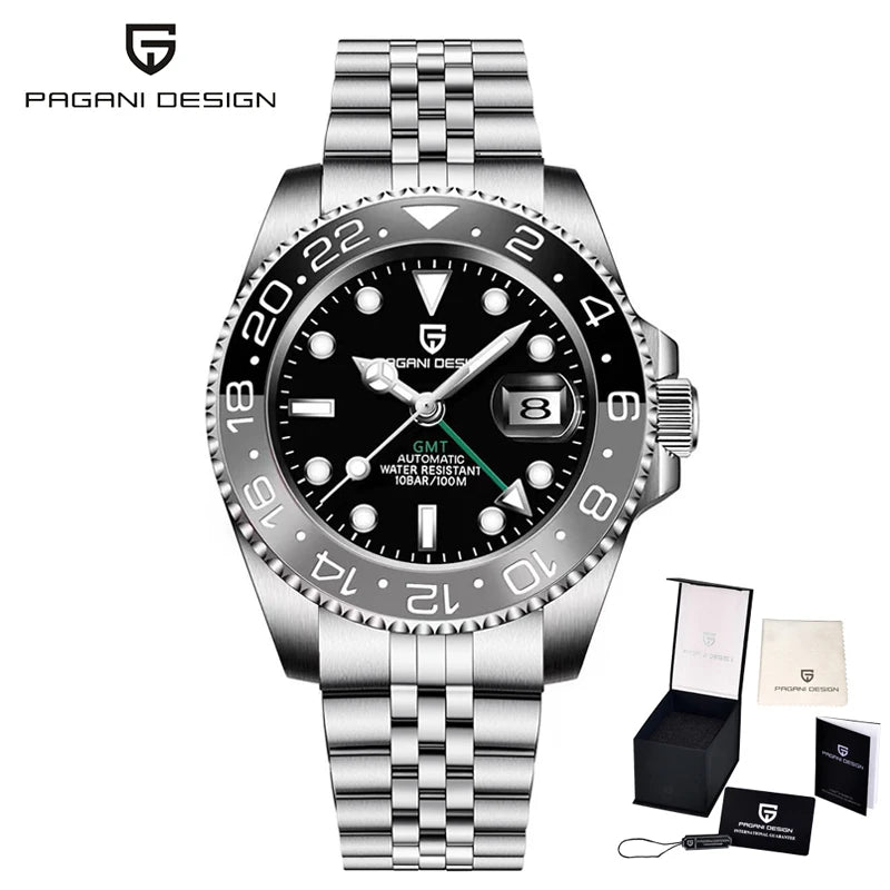 PAGANI DESIGN Business Mechanical Automatic Watch Men's Stainless Steel Waterproof Rotating Ceramic bezel PD-1662 Gift Watch+Box