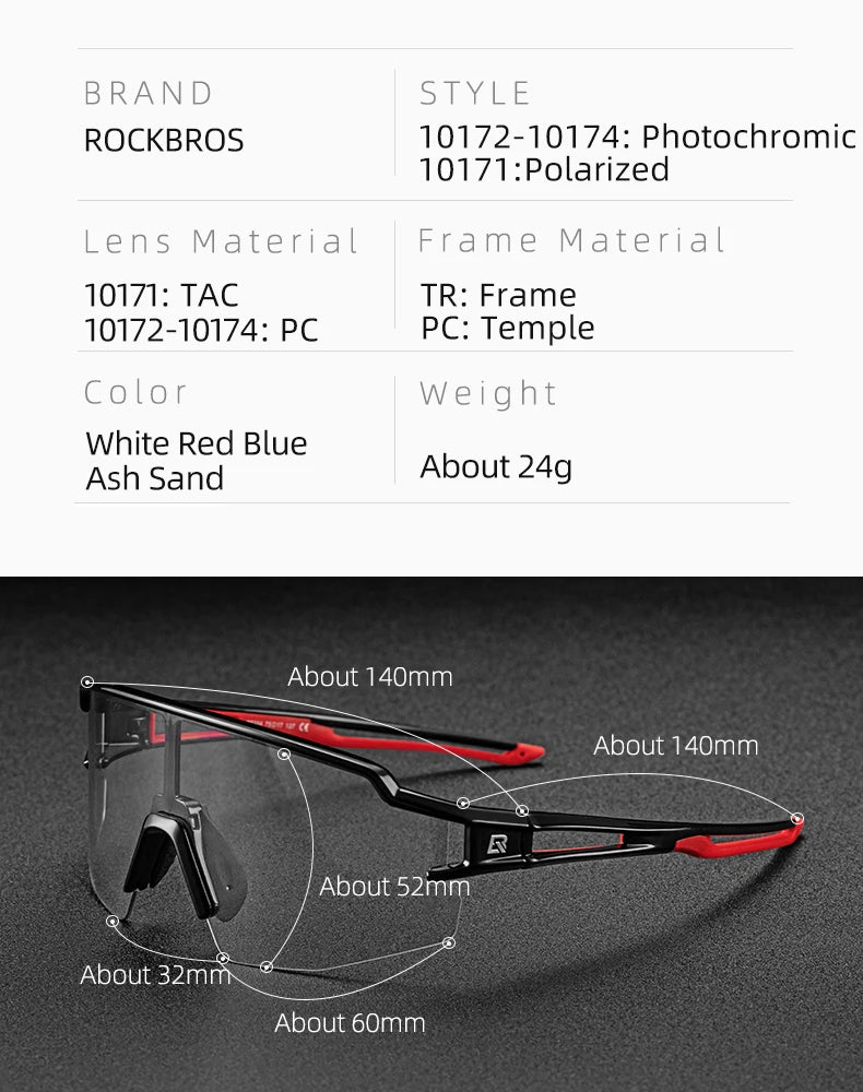 ROCKBROS Cycling Glasses Photochromic Polarized Lens Bike Glasses UV400 Protection Eyewear Sunglasses MTB Road Bicycle Goggles