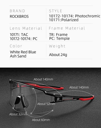 ROCKBROS Cycling Glasses Photochromic Polarized Lens Bike Glasses UV400 Protection Eyewear Sunglasses MTB Road Bicycle Goggles
