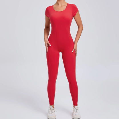 Women's One-piece Yoga Jumpsuit Short Sleeve Open Back Slim Fit Sports Outfit Tights Quick-drying Hip Lift Gym Fitness Clothes