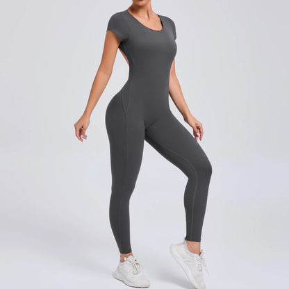 Women's One-piece Yoga Jumpsuit Short Sleeve Open Back Slim Fit Sports Outfit Tights Quick-drying Hip Lift Gym Fitness Clothes