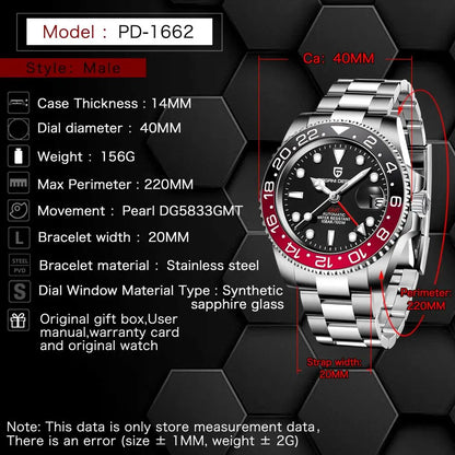 PAGANI DESIGN Business Mechanical Automatic Watch Men's Stainless Steel Waterproof Rotating Ceramic bezel PD-1662 Gift Watch+Box