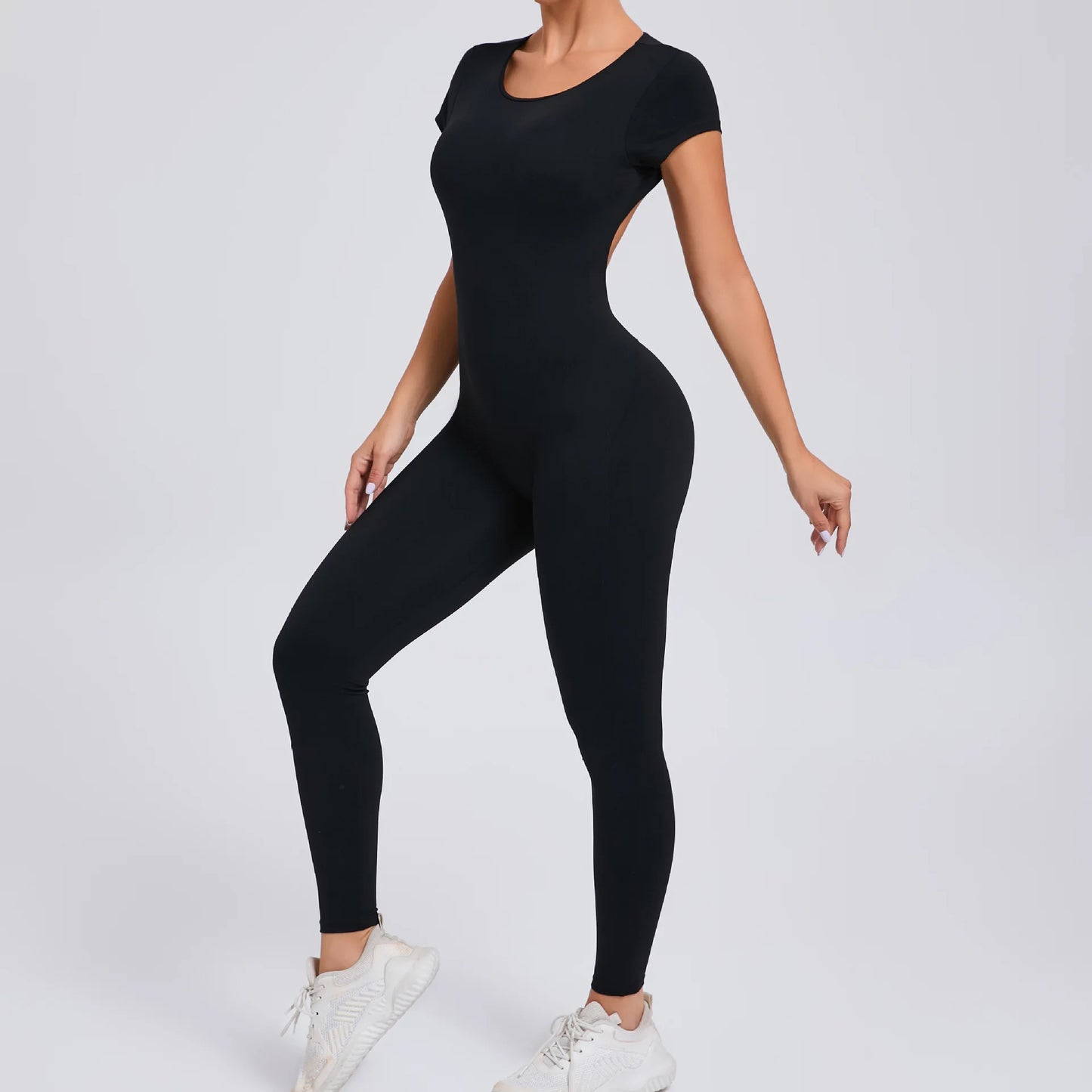 Women's One-piece Yoga Jumpsuit Short Sleeve Open Back Slim Fit Sports Outfit Tights Quick-drying Hip Lift Gym Fitness Clothes