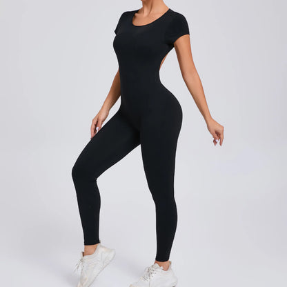 Women's One-piece Yoga Jumpsuit Short Sleeve Open Back Slim Fit Sports Outfit Tights Quick-drying Hip Lift Gym Fitness Clothes