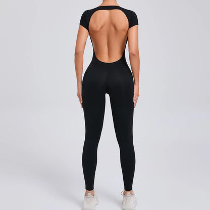 Women's One-piece Yoga Jumpsuit Short Sleeve Open Back Slim Fit Sports Outfit Tights Quick-drying Hip Lift Gym Fitness Clothes