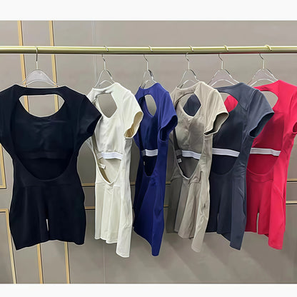 Women's One-piece Yoga Jumpsuit Short Sleeve Open Back Slim Fit Sports Outfit Tights Quick-drying Hip Lift Gym Fitness Clothes