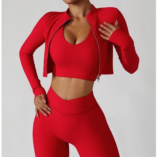 Women's 3 Piece Yoga Set  Sports Jacket Bra Legging Workout Gym Push Up Yoga Sportswear Suit Fitness