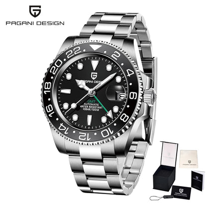 PAGANI DESIGN Business Mechanical Automatic Watch Men's Stainless Steel Waterproof Rotating Ceramic bezel PD-1662 Gift Watch+Box