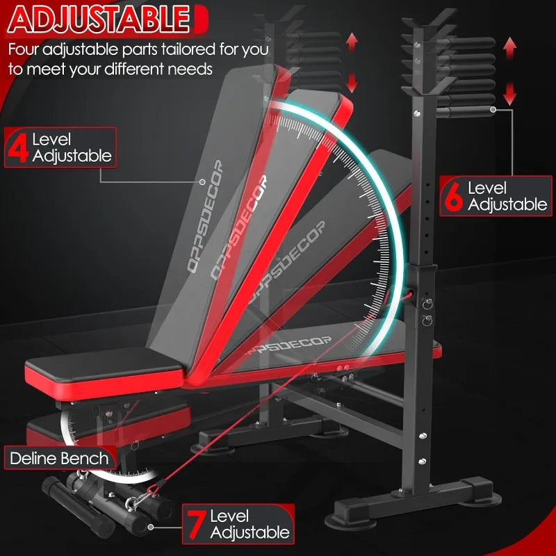 OPPSDECOR 660lbs 6 in 1 Weight Bench Set with Squat Rack Adjustable Workout Bench with Leg Developer Preacher Curl Rack Training