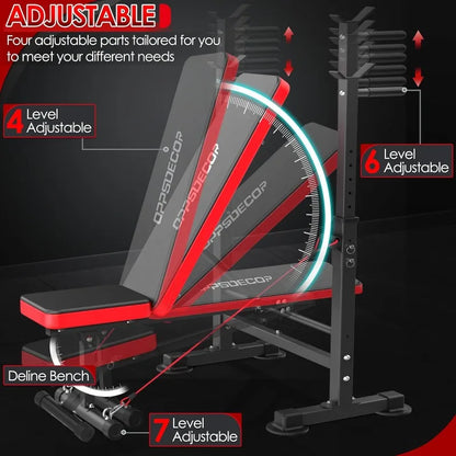 OPPSDECOR 660lbs 6 in 1 Weight Bench Set with Squat Rack Adjustable Workout Bench with Leg Developer Preacher Curl Rack Training