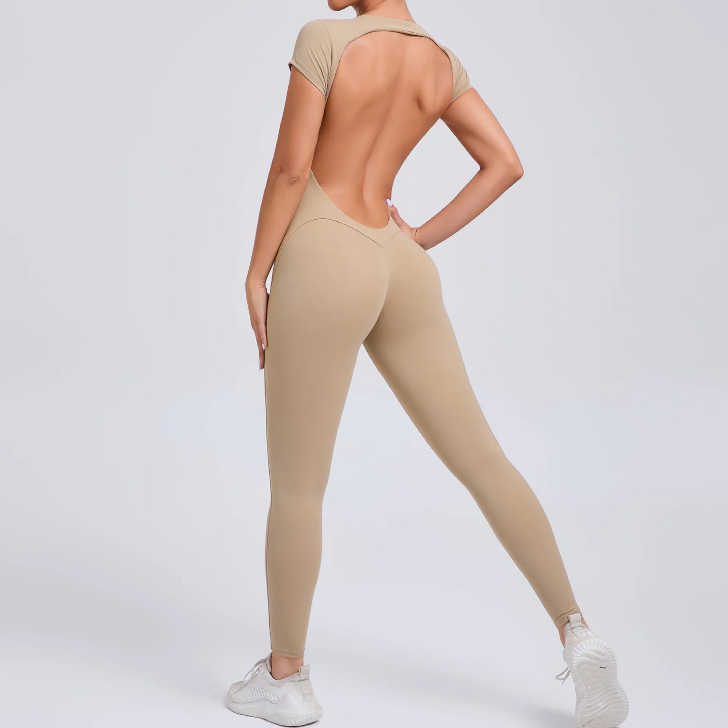 Women's One-piece Yoga Jumpsuit Short Sleeve Open Back Slim Fit Sports Outfit Tights Quick-drying Hip Lift Gym Fitness Clothes