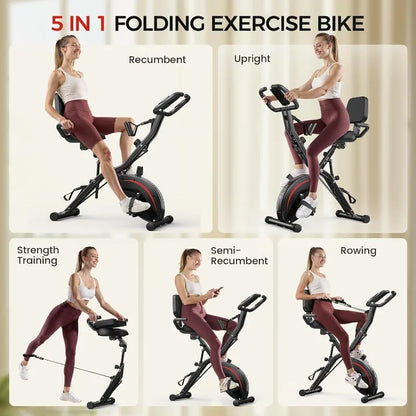 Pleny Folding Exercise Bike, 5 IN 1 Stationary Bike 6.6 LBS Flywheel Exercise Bike, Indoor Workout Bike 330LB Weight Capacity