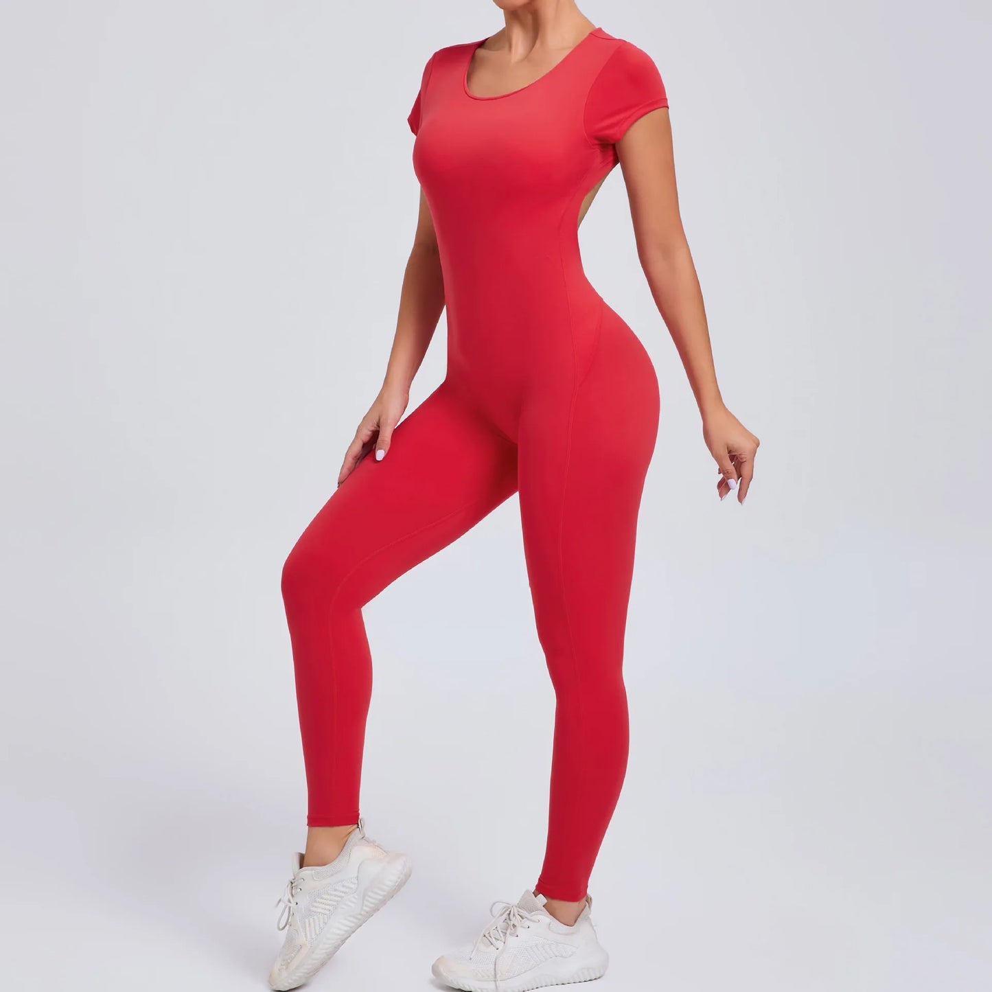 Women's One-piece Yoga Jumpsuit Short Sleeve Open Back Slim Fit Sports Outfit Tights Quick-drying Hip Lift Gym Fitness Clothes