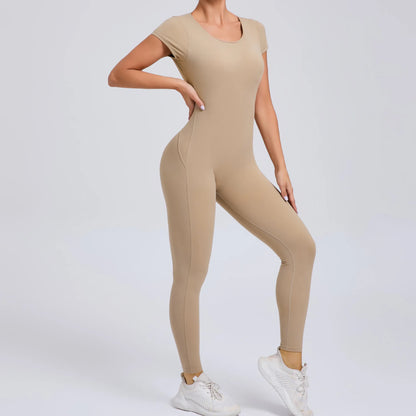 Women's One-piece Yoga Jumpsuit Short Sleeve Open Back Slim Fit Sports Outfit Tights Quick-drying Hip Lift Gym Fitness Clothes