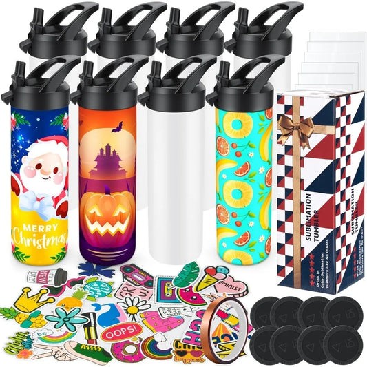 8 Pack 20oz Sublimation Tumbler Set Triple-Insulated Stainless Steel Sports Water Bottle with Straw Lid Blank - HOME