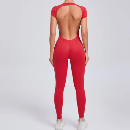 Women's One-piece Yoga Jumpsuit Short Sleeve Open Back Slim Fit Sports Outfit Tights Quick-drying Hip Lift Gym Fitness Clothes