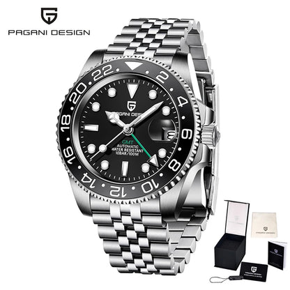 PAGANI DESIGN Business Mechanical Automatic Watch Men's Stainless Steel Waterproof Rotating Ceramic bezel PD-1662 Gift Watch+Box