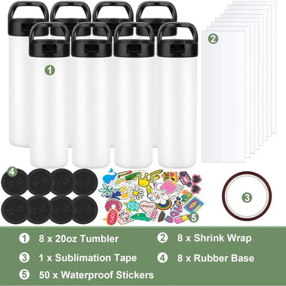 8 Pack 20oz Sublimation Tumbler Set Triple-Insulated Stainless Steel Sports Water Bottle with Straw Lid Blank - HOME