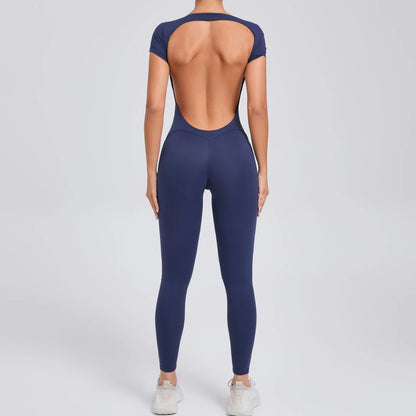 Women's One-piece Yoga Jumpsuit Short Sleeve Open Back Slim Fit Sports Outfit Tights Quick-drying Hip Lift Gym Fitness Clothes