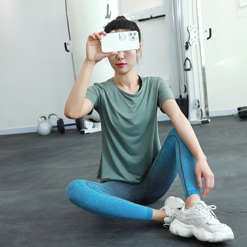 New Hem Opening Sports Tops Women Loose Quick-Dry Yoga T-Shirt Sexy Backless Net Yarn Patchwork Running Training T Shirts