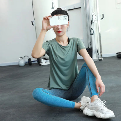 New Hem Opening Sports Tops Women Loose Quick-Dry Yoga T-Shirt Sexy Backless Net Yarn Patchwork Running Training T Shirts
