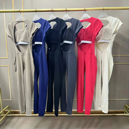 Women's One-piece Yoga Jumpsuit Short Sleeve Open Back Slim Fit Sports Outfit Tights Quick-drying Hip Lift Gym Fitness Clothes