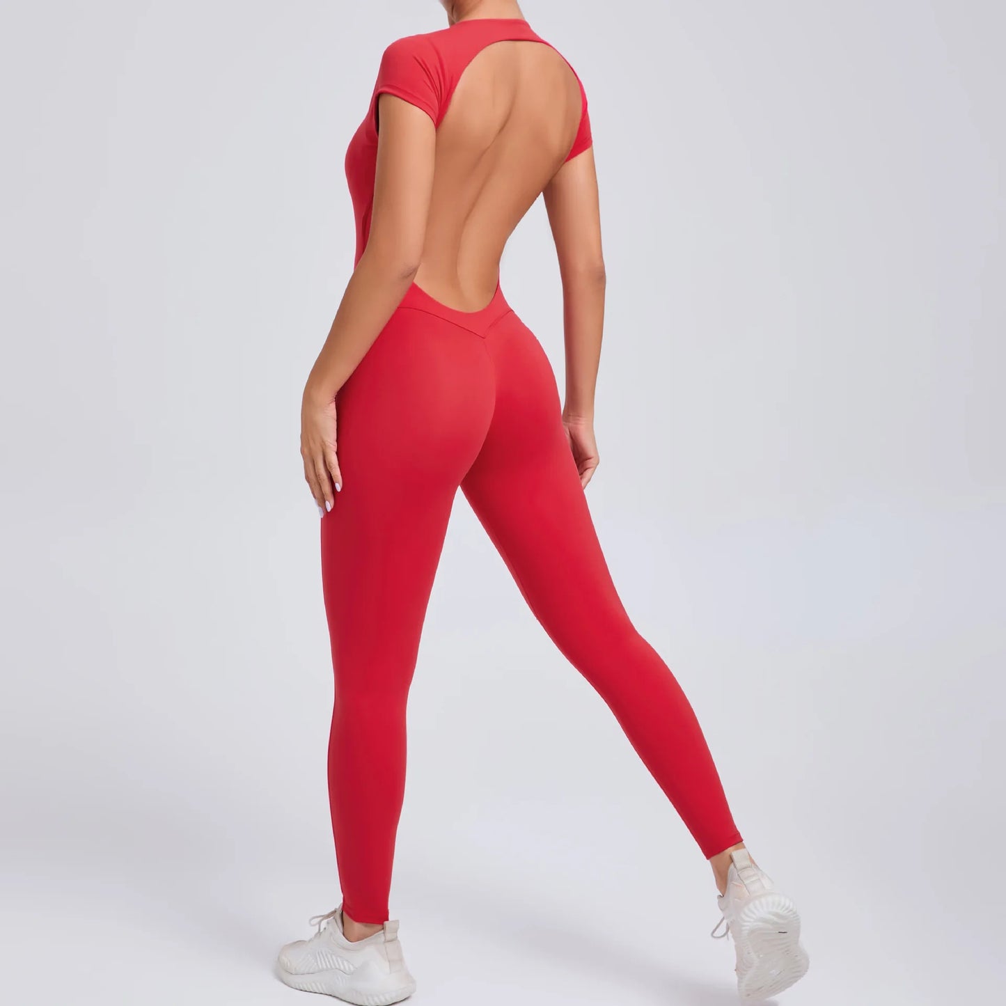 Women's One-piece Yoga Jumpsuit Short Sleeve Open Back Slim Fit Sports Outfit Tights Quick-drying Hip Lift Gym Fitness Clothes