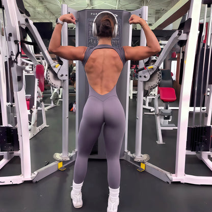 Women's One-piece Yoga Jumpsuit Short Sleeve Open Back Slim Fit Sports Outfit Tights Quick-drying Hip Lift Gym Fitness Clothes