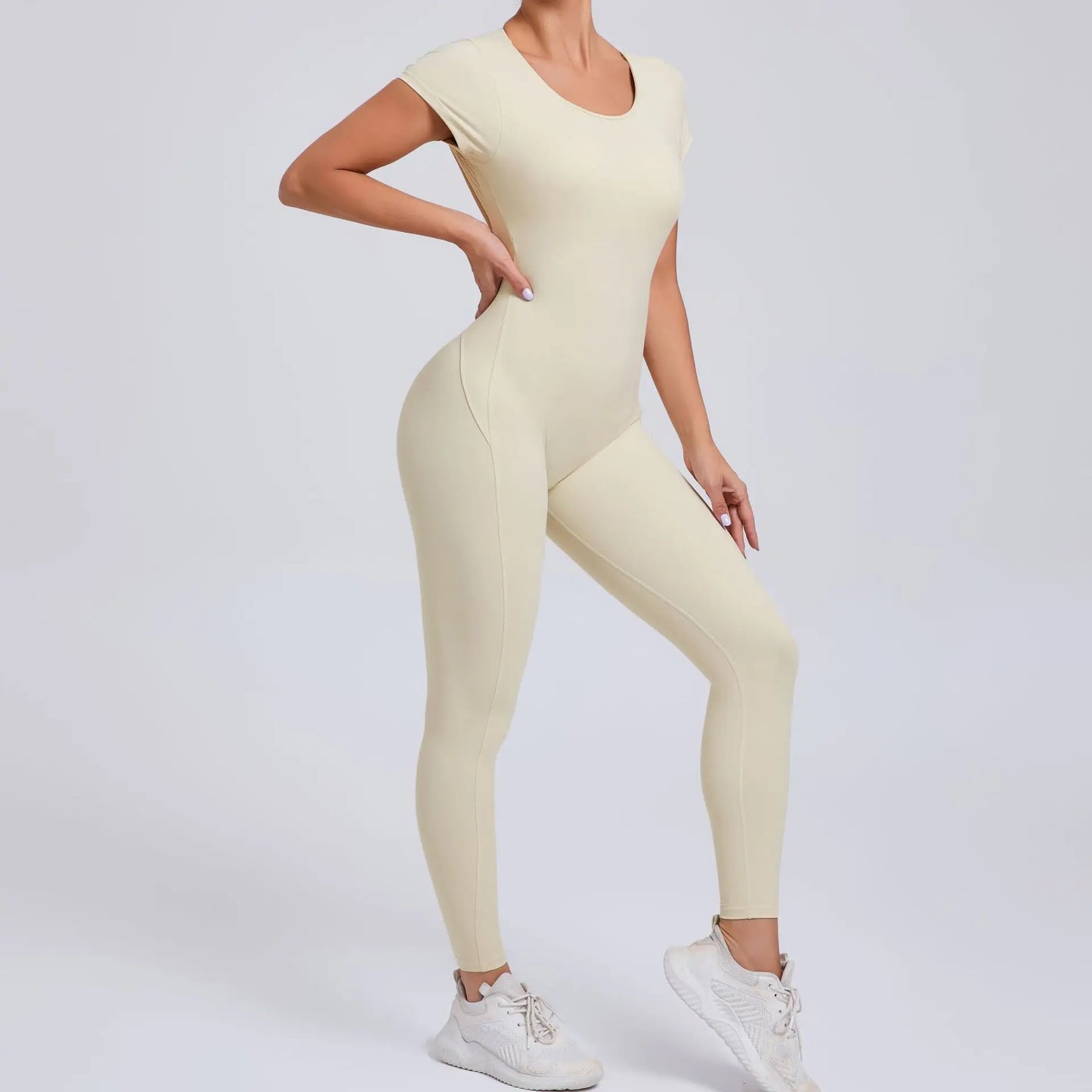 Women's One-piece Yoga Jumpsuit Short Sleeve Open Back Slim Fit Sports Outfit Tights Quick-drying Hip Lift Gym Fitness Clothes