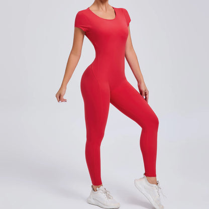 Women's One-piece Yoga Jumpsuit Short Sleeve Open Back Slim Fit Sports Outfit Tights Quick-drying Hip Lift Gym Fitness Clothes